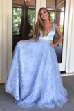 A-line V-neck Applique Beading Sky Blue Tulle Long Prom Dress Party Dress OKR68