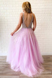 A-line V-neck Lilac Long Prom Dress Tulle Beaded Evening Gown OKR64