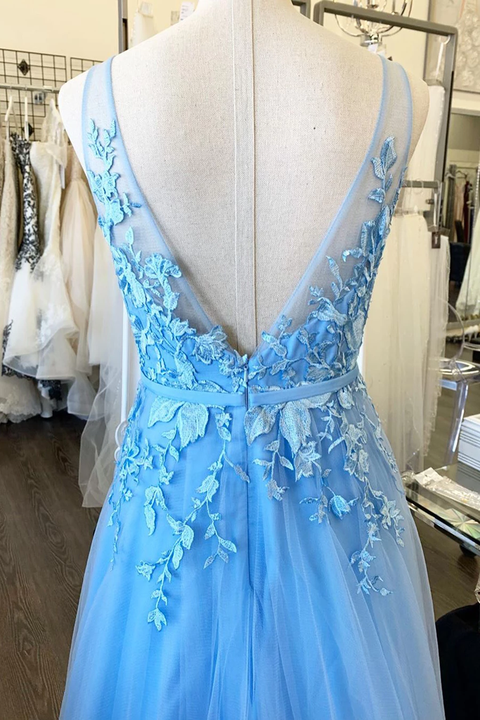 A-line V-neck Blue Long Prom Dress Applique Tulle Evening Dress OKR63