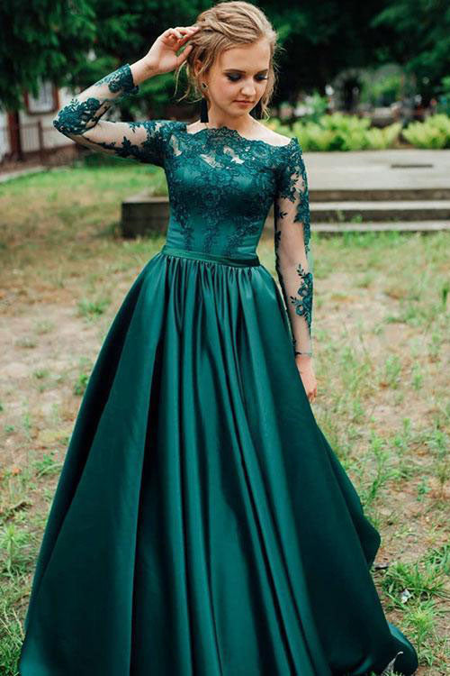 A Line Long Sleeves Dark Green Satin Appliqued Prom Dress Evening Dress OKR46