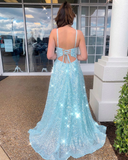 Spaghetti Straps Sky Blue Prom Dress With Slit Sparkly A Line Formal Dress OKR59