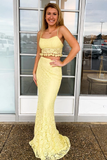 Two Piece Spaghetti Straps Yellow Lace Long Mermaid Prom Dress OKR58