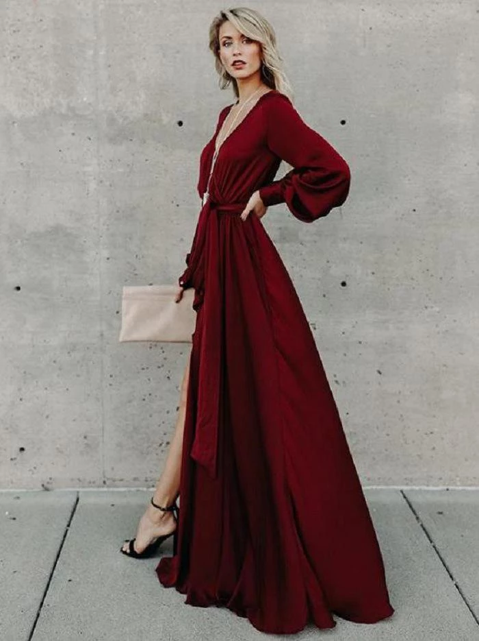 A-line Burgundy Long Prom Dress Long Sleeve Simple Cheap Evening Dress OKR56