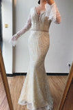 Trumpet/Mermaid V neck Lace Beaded Long Sleeves Prom Dress Formal Elegant Evening Gowns OKS74