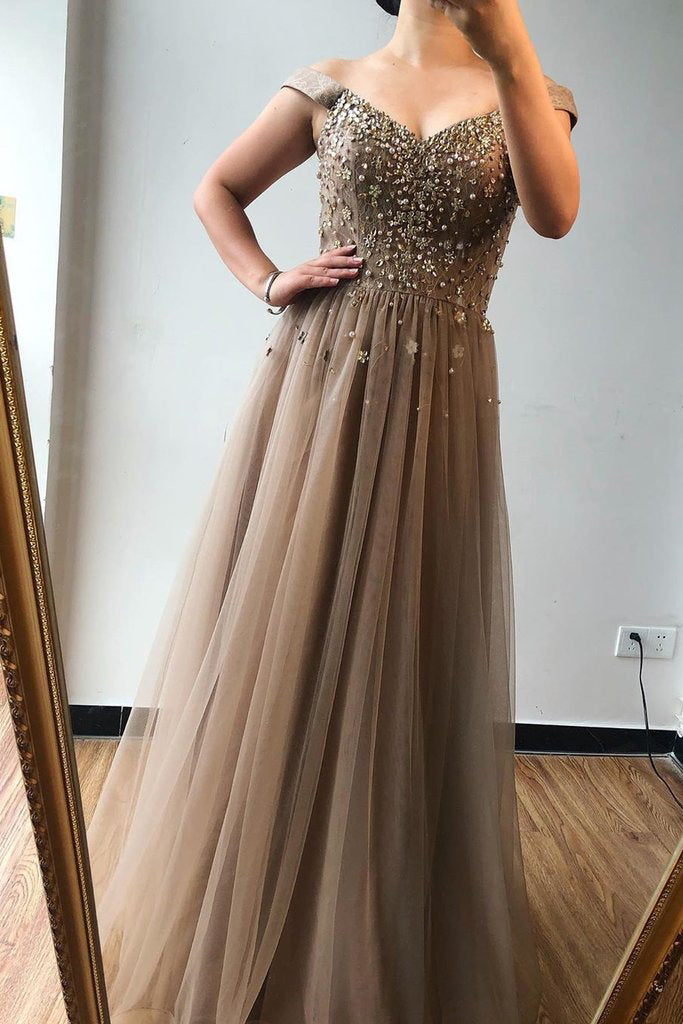 A-line Off-the-shoulder Beaded Long Prom Dress Brown Evening Gowns OKS72