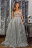 Stunning A-line V neck Sparkly Tulle Evening Dress Silver Prom Dress OKS16