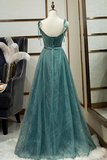 Spaghetti Straps Tulle Modest A Line Evening Dress Long Prom Dress OKR98
