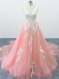 A-line V-neck Pink Tulle Lace Appliques Cathedral Train Formal Prom Dress OKS2