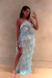 Fashion Halter Ruffles Tulle Prom Dress with Slit Chiffon Long Party Dress OK1382