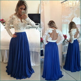 Long Sleeves Lace A-line Royal Blue Chiffon Beaded Prom Dress K730