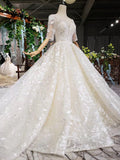 Lace Half Sleeves Ball Gown Wedding Dress, Fashion Beading Big Wedding Gown OKK3