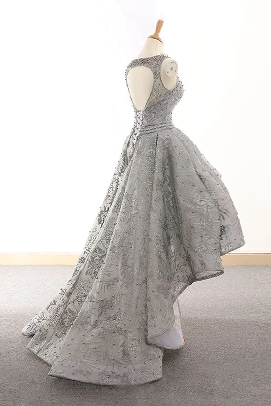 Silver Gray High Low Lac Beading Open Back Prom Dress Homecoming Dress OK17