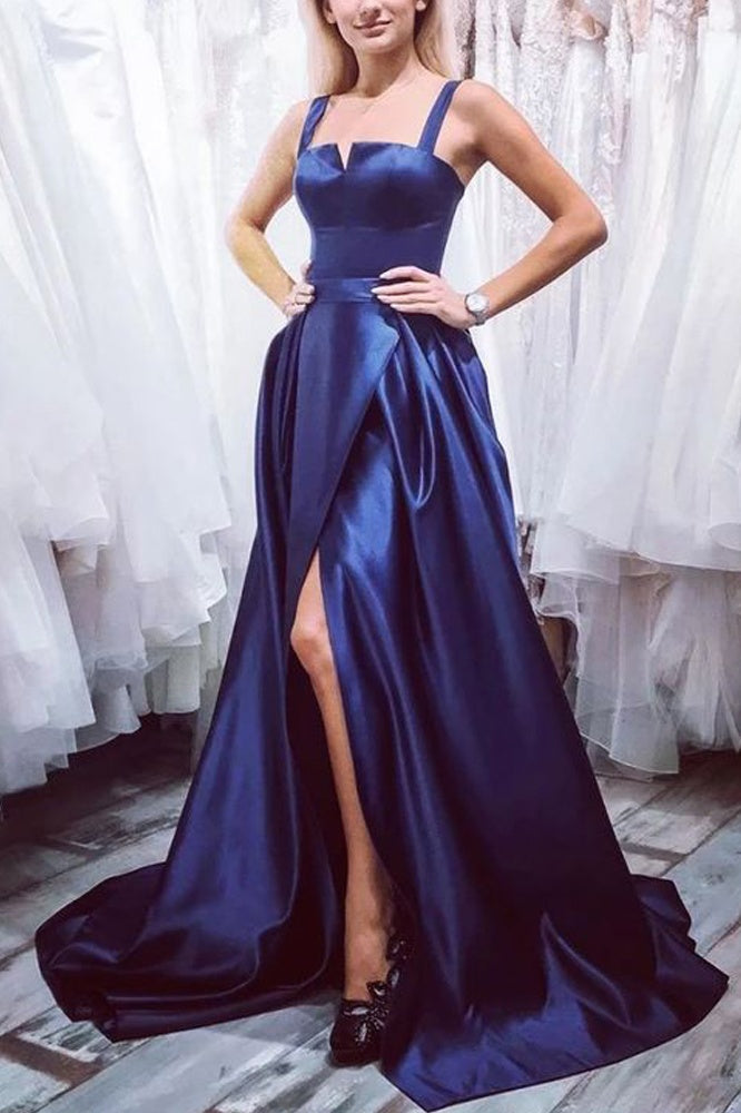 Front Split Long Simple Style Dark Blue Prom Dress For Teens K917