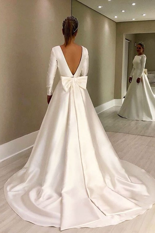Vintage Long Sleeves Ivory Backless Simple Style Wedding Dress With Bowknot OKD96