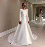 Vintage Long Sleeves Ivory Backless Simple Style Wedding Dress With Bowknot OKD96