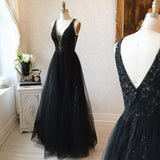V-neck Black Floor Length Long Prom Dress Modest Party Gowns OK99