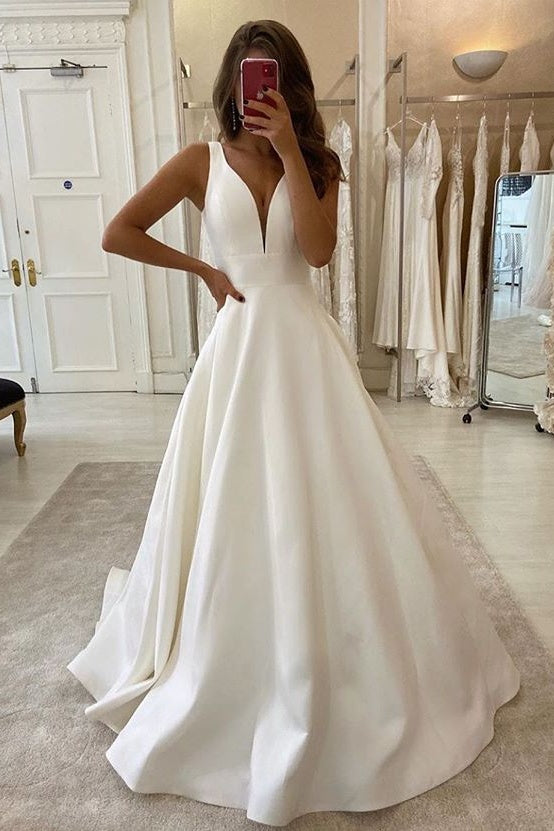 New Arrival V-neck Ivory Simple A-line Prom Dress Beach Wedding Dress OD914