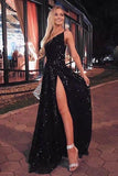 Sexy Glitter One Shoulder High Split Long Black A-line Evening Dress Prom Dress OKX30