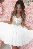 A-Line Spaghetti Straps White Homecoming Dresses with Lace Appliques OKM5