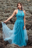 Chic A-line Halter Neck Tulle Lace Appliqued Floor Length Prom Dress OKV76