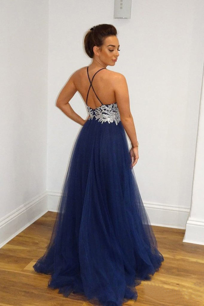 A-line Navy Blue Tulle Prom Dress Spaghetti Straps Long Prom Gowns OKS10
