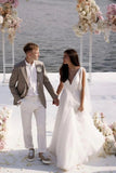 A-line Tulle Deep V Neck Summer Bridal Dresses with Ribbons Beach Wedding Dress OK1705