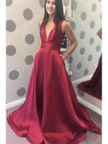 Charming A-line V-neck Satin Long Cheap Red Prom Dress with Pocket OKN85