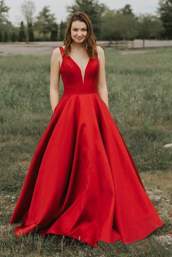 Charming A-line V-neck Satin Long Cheap Red Prom Dress with Pocket OKN85