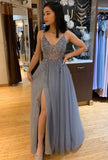 A-line V Neck Grey Beaded Long Prom Dress with Split Spaghetti Straps Formal Evening Dress OKX90