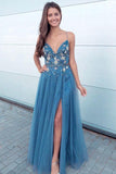 A-line Tulle Spaghetti Straps Blue Long Beaded Prom Dress With Slit OKZ2