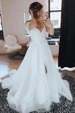 Simple A-line Off the Shoulder Tulle Boho Wedding Dress with Split Beach Wedding Gown OK1648