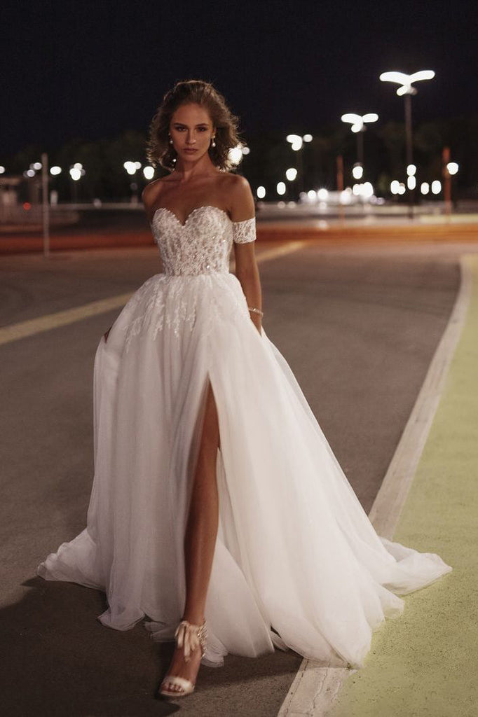 A Line Sweetheart Tulle Wedding Dress with Beading Lace N096