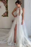 A-line Appliques Ivory Open Back Tulle Boho Wedding Dress Long Beach Bridal Dress OKY4