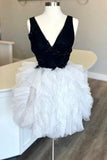 Black and White V-Neck Multi-Tiered Homecoming Dress Sweet 16 Dresses OK1737