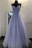 Blue Spaghetti Straps A-line Beading Sequins Long Prom Dress OKT43