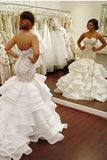 Backless Lace Strapless Bridal Dresses Mermaid Ruffled Train Wedding Dresses OK1590