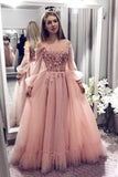 Stunning Ball Gown Blush Pink Lace Prom Dress With Long Sleeves OKK55