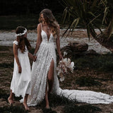 Deep V Neck A-line Lace Wedding Dress With Slit Spaghetti Straps Long Bridal Gowns OKX85
