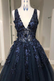 Deep V Neck Appliqued Prom Dress See Through Floor Length Formal Dresses OKS4