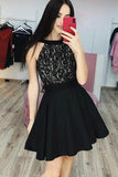 Black Lace Cheap Homecoming Dress, A Line Sleeveless Short Prom Dress OKM36