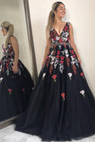 Charming V-Neck Black Floral Appliques Beading Sleeveless Long Prom Dresses OKI40