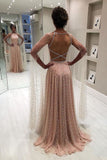 Blush Pink A Line Backless Long Prom Dress with Pearls OKN79