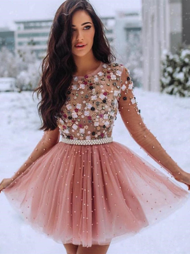Blush Pink Short Prom Dress 3D Flowers Beaded Homecomingl Dresses OKP5