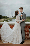 A-line Long Sleeves Lace Beach Wedding Dress V Neck Boho Wedding Dress OK1647