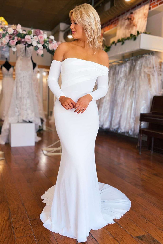 White Off-the-Shoulder Long Sleeves Mermaid Wedding Dress Beach Bridal Dress OK1567