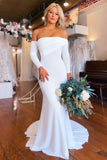 White Off-the-Shoulder Long Sleeves Mermaid Wedding Dress Beach Bridal Dress OK1567