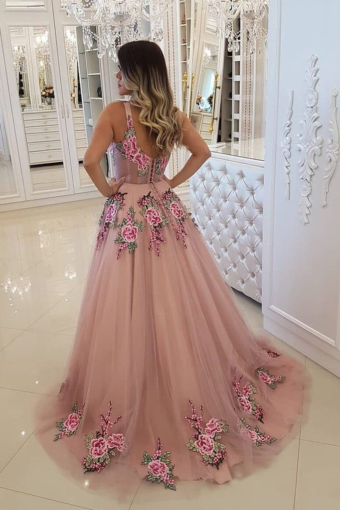 Broad Strap Floral Appliqued Long Prom Dress Cheap A Line Evening Dress OKI3