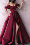 Burgundy Off The Shoulder Prom Dress Long Formal Dresses With Slit OKKK48