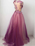 Tulle Flowers A Line Prom Dress Scoop Neck Appliques Party Dress OKP15