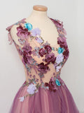 Tulle Flowers A Line Prom Dress Scoop Neck Appliques Party Dress OKP15